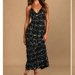 Lulu's Black and Silver Sequin Midi Dress